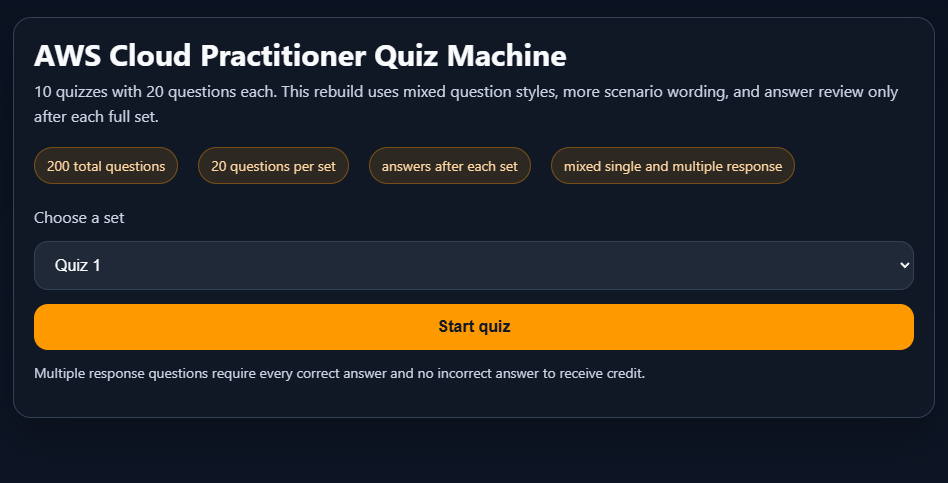 AWS Cloud Practitioner practice quiz interface